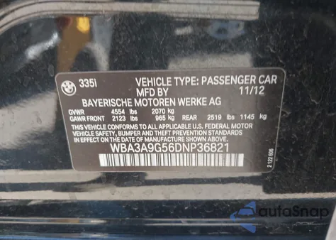 2013 BMW 335I из США, поврежденный, VIN WBA3A9G56DNP36821